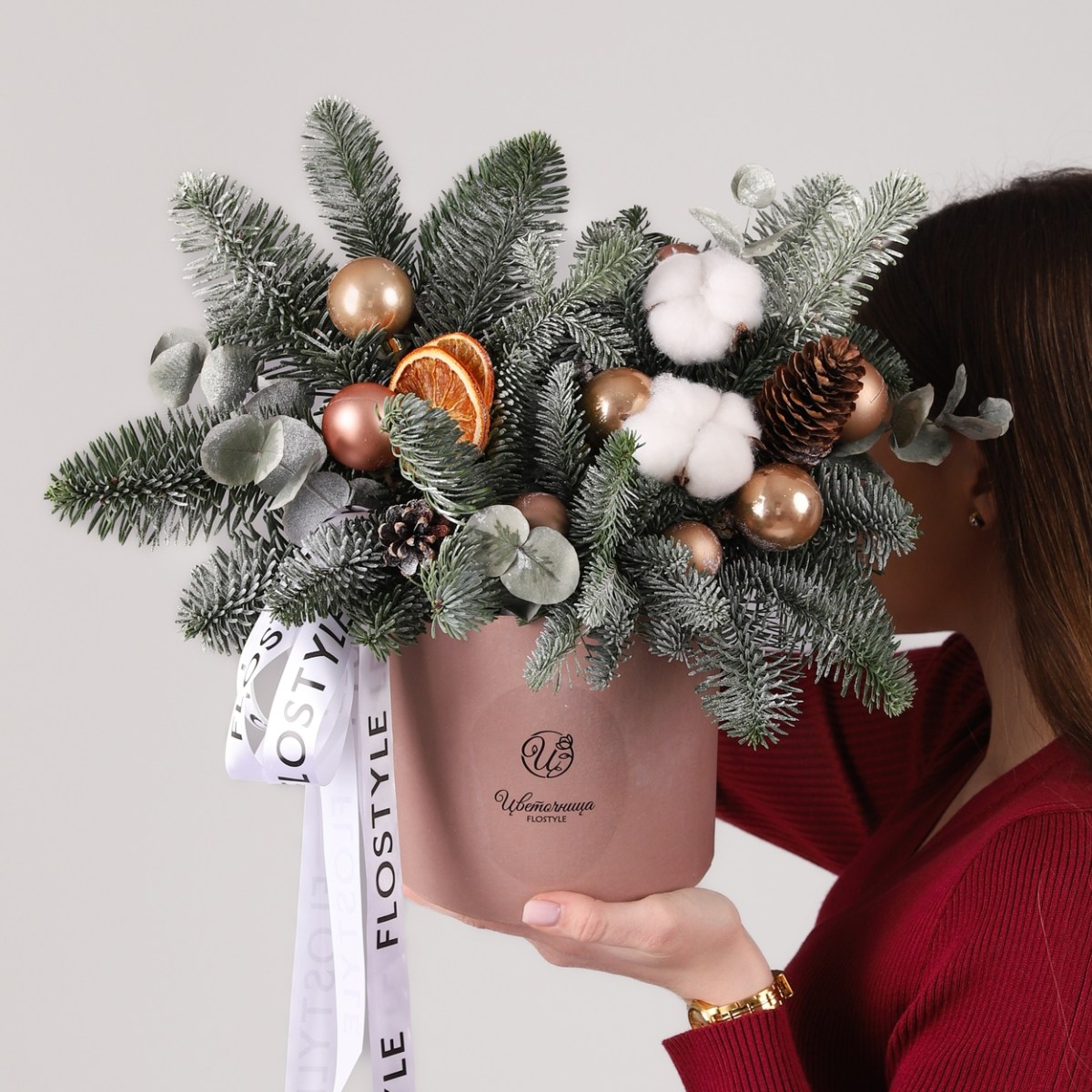 Новогодняя композиция в шляпной коробке